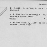 Index card with typed and handwritten information, sometimes including a sketch, of pottery from an excavation.