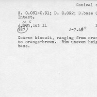 Index card with typed and handwritten information, sometimes including a sketch, of pottery from an excavation.