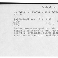 Index card with typed and handwritten information, sometimes including a sketch, of pottery from an excavation.