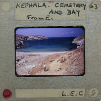 A slide of a person standing near the ocean, with a label indicating it's from Kepala Cemetery and Bay.