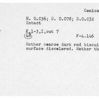 Index card with typed and handwritten information, sometimes including a sketch, of pottery from an excavation.