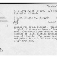 Index card with typed and handwritten information, sometimes including a sketch, of pottery from an excavation.