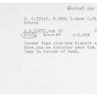 Index card with typed and handwritten information, sometimes including a sketch, of pottery from an excavation.