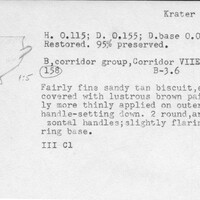 Index card with typed and handwritten information, sometimes including a sketch, of pottery from an excavation.