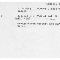 Index card with typed and handwritten information, sometimes including a sketch, of pottery from an excavation.