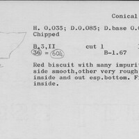 Index card with typed and handwritten information, sometimes including a sketch, of pottery from an excavation.