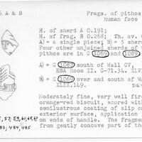 Index card with typed and handwritten information, sometimes including a sketch, of pottery from an excavation.