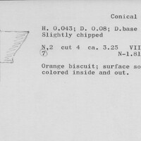 Index card with typed and handwritten information, sometimes including a sketch, of pottery from an excavation.