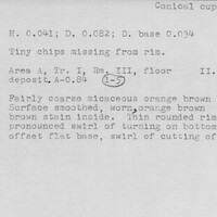 Index card with typed and handwritten information, sometimes including a sketch, of pottery from an excavation.