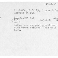 Index card with typed and handwritten information, sometimes including a sketch, of pottery from an excavation.