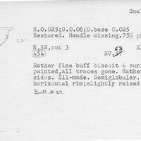 Index card with typed and handwritten information, sometimes including a sketch, of pottery from an excavation.