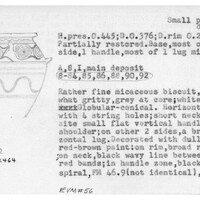 Index card with typed and handwritten information, sometimes including a sketch, of pottery from an excavation.
