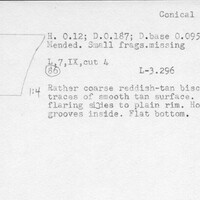 Index card with typed and handwritten information, sometimes including a sketch, of pottery from an excavation.