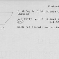 Index card with typed and handwritten information, sometimes including a sketch, of pottery from an excavation.