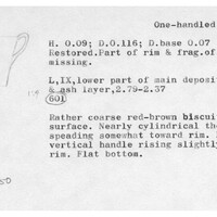 Index card with typed and handwritten information, sometimes including a sketch, of pottery from an excavation.