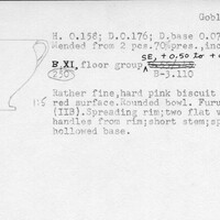 Index card with typed and handwritten information, sometimes including a sketch, of pottery from an excavation.