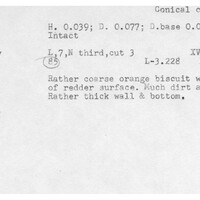Index card with typed and handwritten information, sometimes including a sketch, of pottery from an excavation.