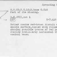 Index card with typed and handwritten information, sometimes including a sketch, of pottery from an excavation.