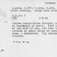 Index card with typed and handwritten information, sometimes including a sketch, of pottery from an excavation.