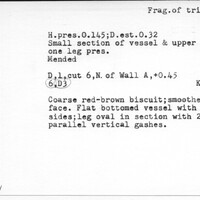 Index card with typed and handwritten information, sometimes including a sketch, of pottery from an excavation.
