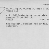 Index card with typed and handwritten information, sometimes including a sketch, of pottery from an excavation.