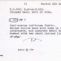 Index card with typed and handwritten information, sometimes including a sketch, of pottery from an excavation.