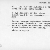 Index card with typed and handwritten information, sometimes including a sketch, of pottery from an excavation.