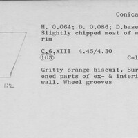 Index card with typed and handwritten information, sometimes including a sketch, of pottery from an excavation.