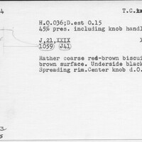 Index card with typed and handwritten information, sometimes including a sketch, of pottery from an excavation.