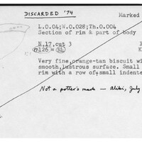 Index card with typed and handwritten information, sometimes including a sketch, of pottery from an excavation.