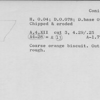 Index card with typed and handwritten information, sometimes including a sketch, of pottery from an excavation.
