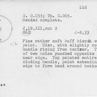 Index card with typed and handwritten information, sometimes including a sketch, of pottery from an excavation.