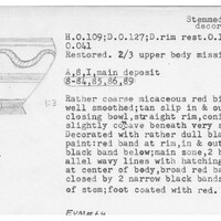 Index card with typed and handwritten information, sometimes including a sketch, of pottery from an excavation.