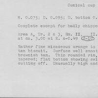 Index card with typed and handwritten information, sometimes including a sketch, of pottery from an excavation.