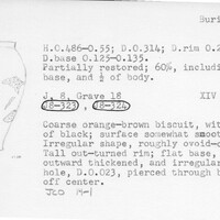 Index card with typed and handwritten information, sometimes including a sketch, of pottery from an excavation.