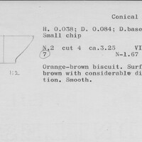 Index card with typed and handwritten information, sometimes including a sketch, of pottery from an excavation.