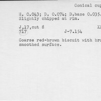 Index card with typed and handwritten information, sometimes including a sketch, of pottery from an excavation.