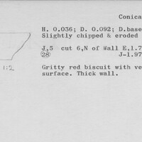 Index card with typed and handwritten information, sometimes including a sketch, of pottery from an excavation.