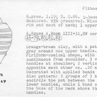 Index card with typed and handwritten information, sometimes including a sketch, of pottery from an excavation.