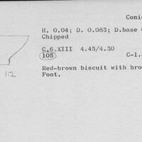 Index card with typed and handwritten information, sometimes including a sketch, of pottery from an excavation.
