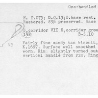 Index card with typed and handwritten information, sometimes including a sketch, of pottery from an excavation.