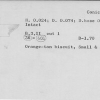 Index card with typed and handwritten information, sometimes including a sketch, of pottery from an excavation.