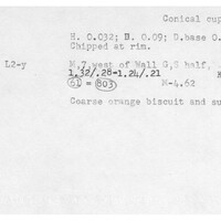 Index card with typed and handwritten information, sometimes including a sketch, of pottery from an excavation.
