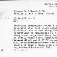 Index card with typed and handwritten information, sometimes including a sketch, of pottery from an excavation.