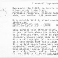 Index card with typed and handwritten information, sometimes including a sketch, of pottery from an excavation.