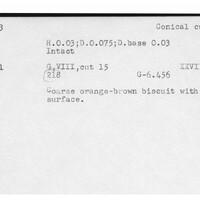 Index card with typed and handwritten information, sometimes including a sketch, of pottery from an excavation.