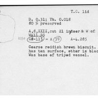 Index card with typed and handwritten information, sometimes including a sketch, of pottery from an excavation.