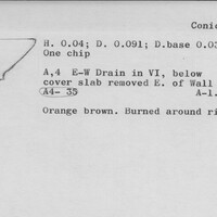 Index card with typed and handwritten information, sometimes including a sketch, of pottery from an excavation.