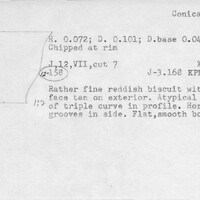 Index card with typed and handwritten information, sometimes including a sketch, of pottery from an excavation.