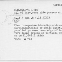 Index card with typed and handwritten information, sometimes including a sketch, of pottery from an excavation.
